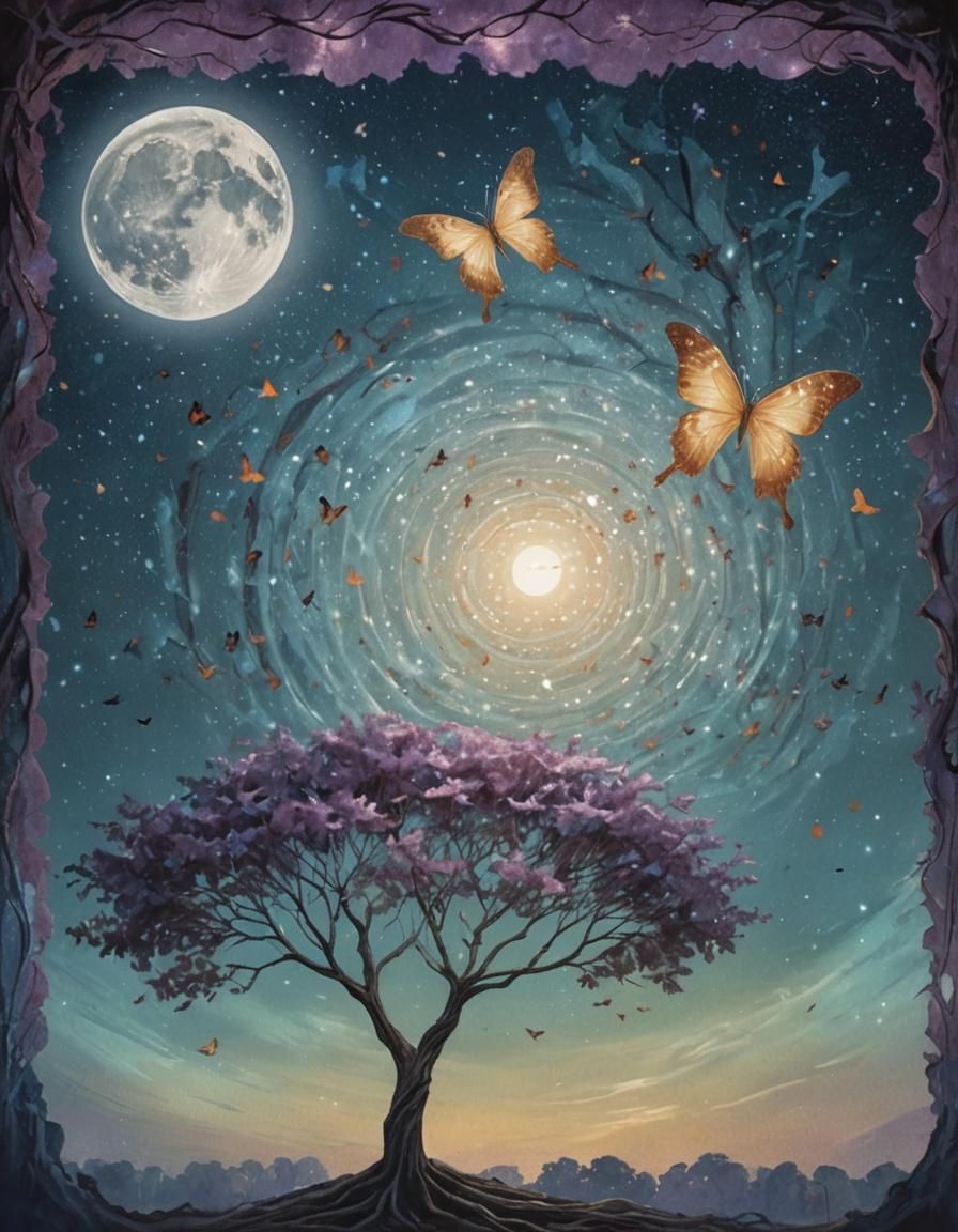 Illuminated Tree Under Moon in Surreal Style