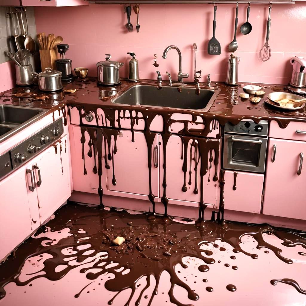 Chocolate Flood in a Retro Pink Kitchen