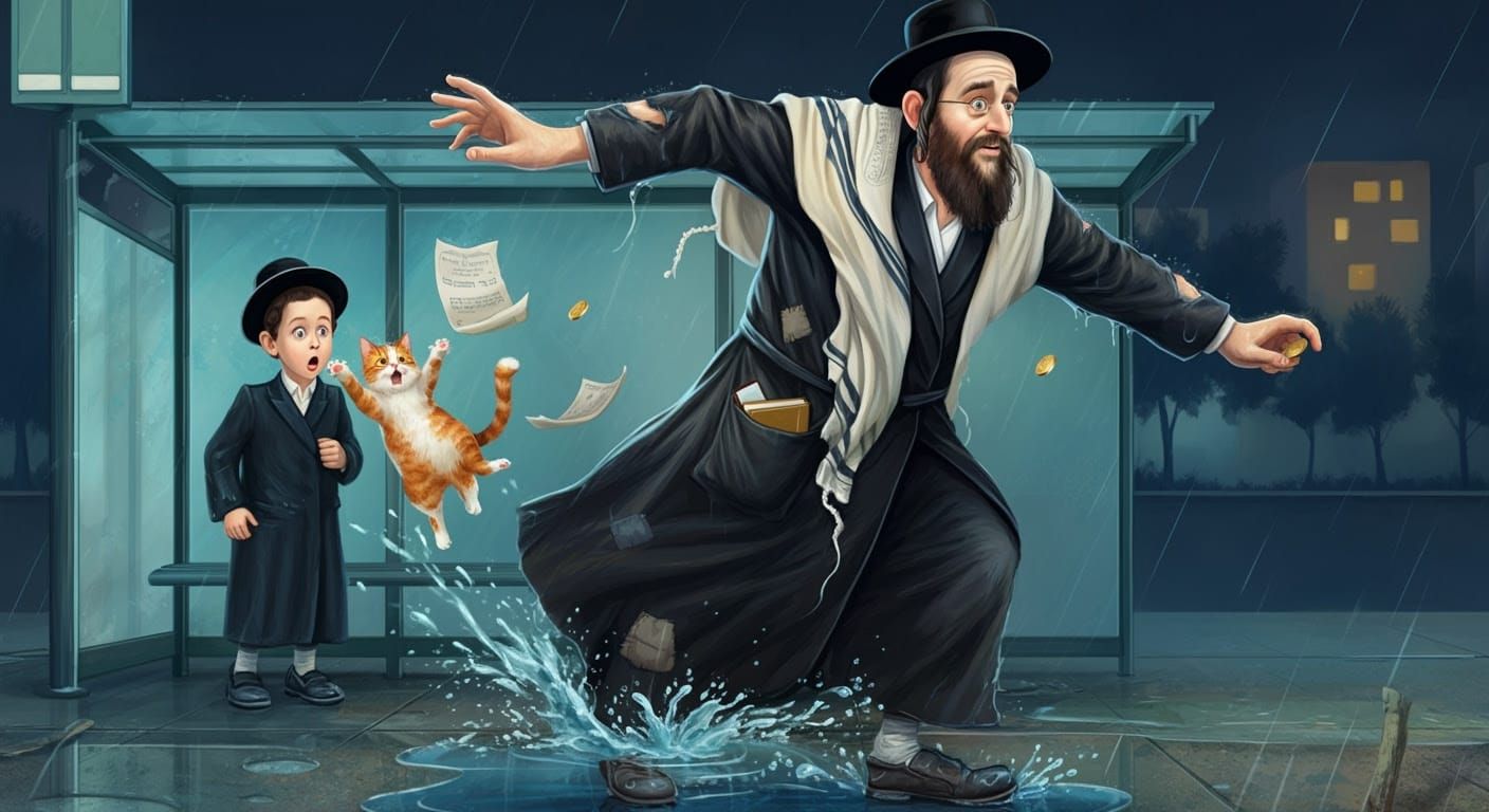 Orthodox Jewish Man Rushes to Catch Bus in a Downpour
