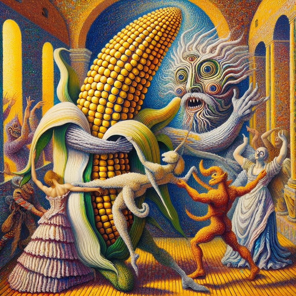 An anthropomorphic Corncob God Dirty Dancing with a Creature...