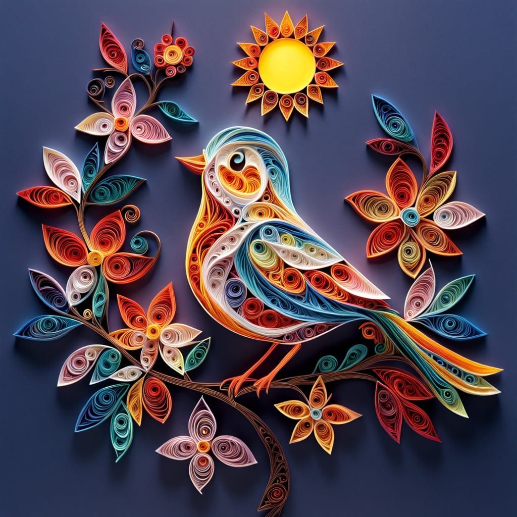 Stunning Whimsical Bird Scene with Quilling Sun