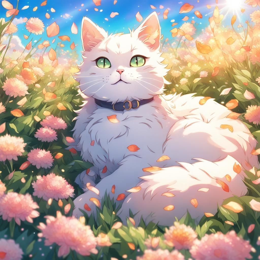 Cat in Flower Field: Anime-Inspired Art