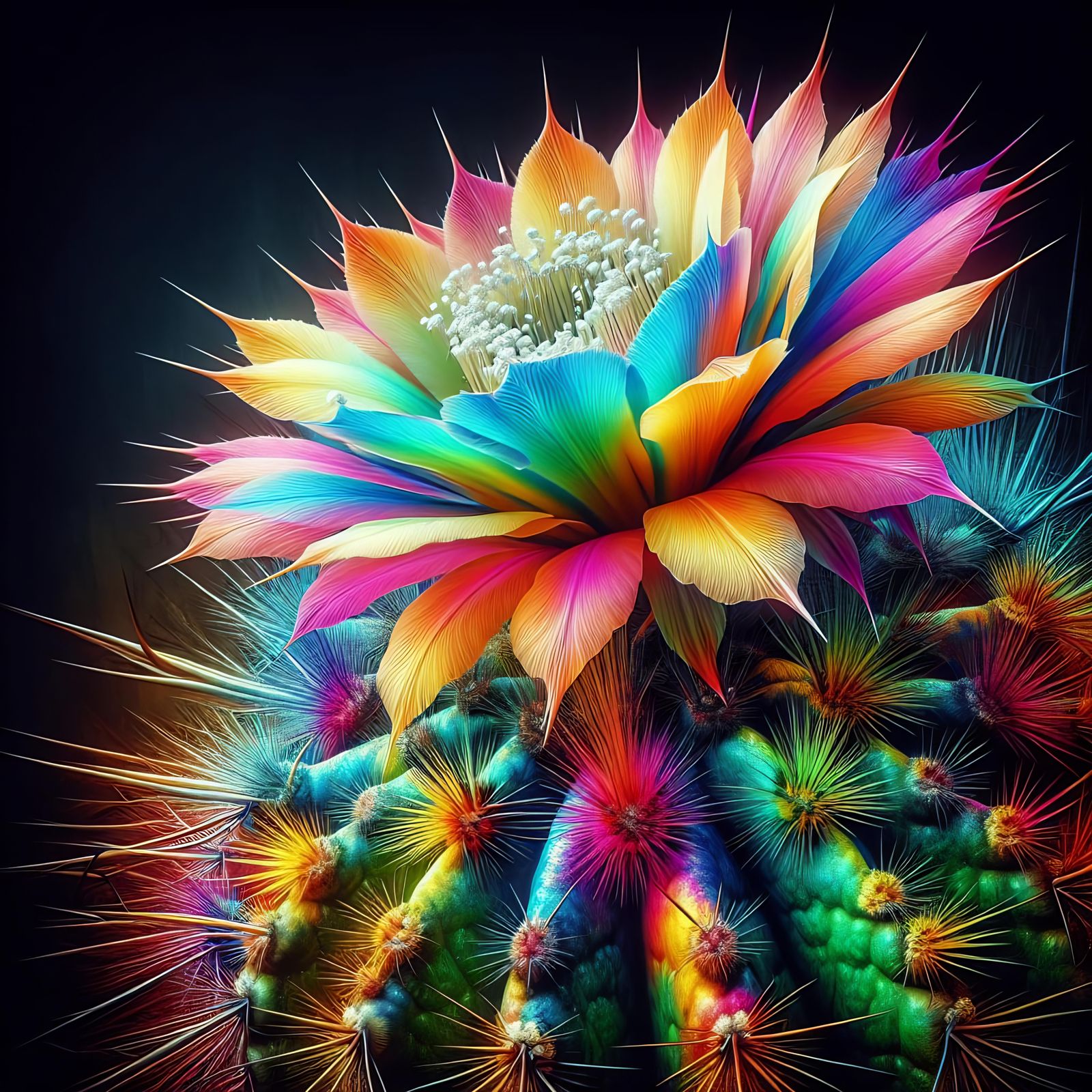 Majestic Rainbow Cactus Flower in Hyperrealistic Detail