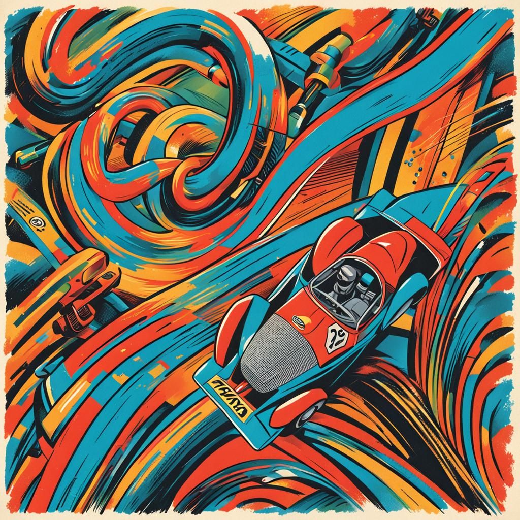 Retro Racecar Speeding: Colorful Marker Art Print Ad