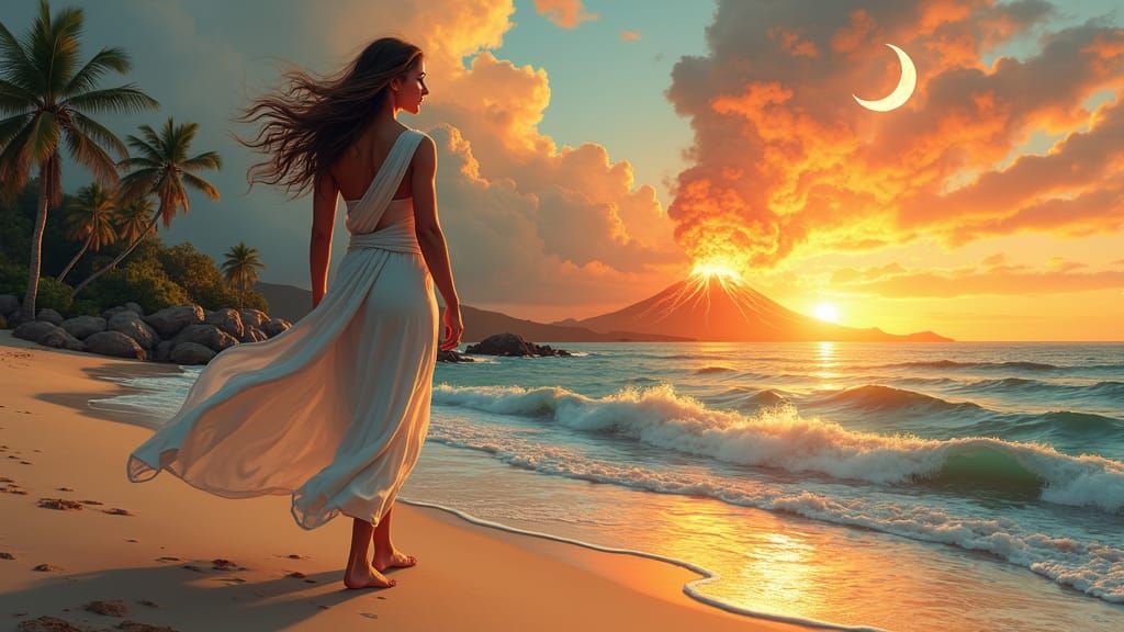 Greek Goddess on Tropical Beach at Sunset