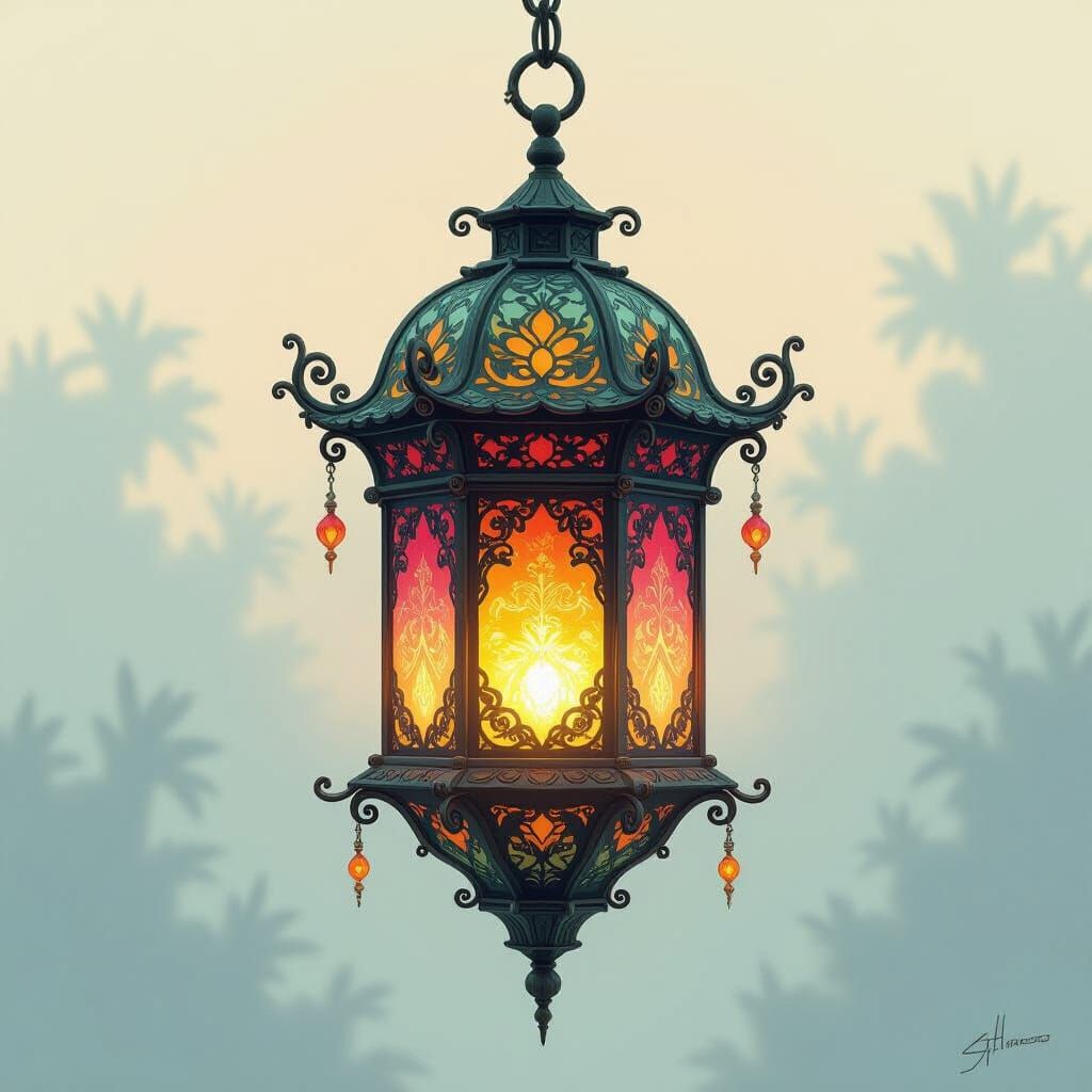 Ornate Lantern with Glowing Colors in Dreamlike Style