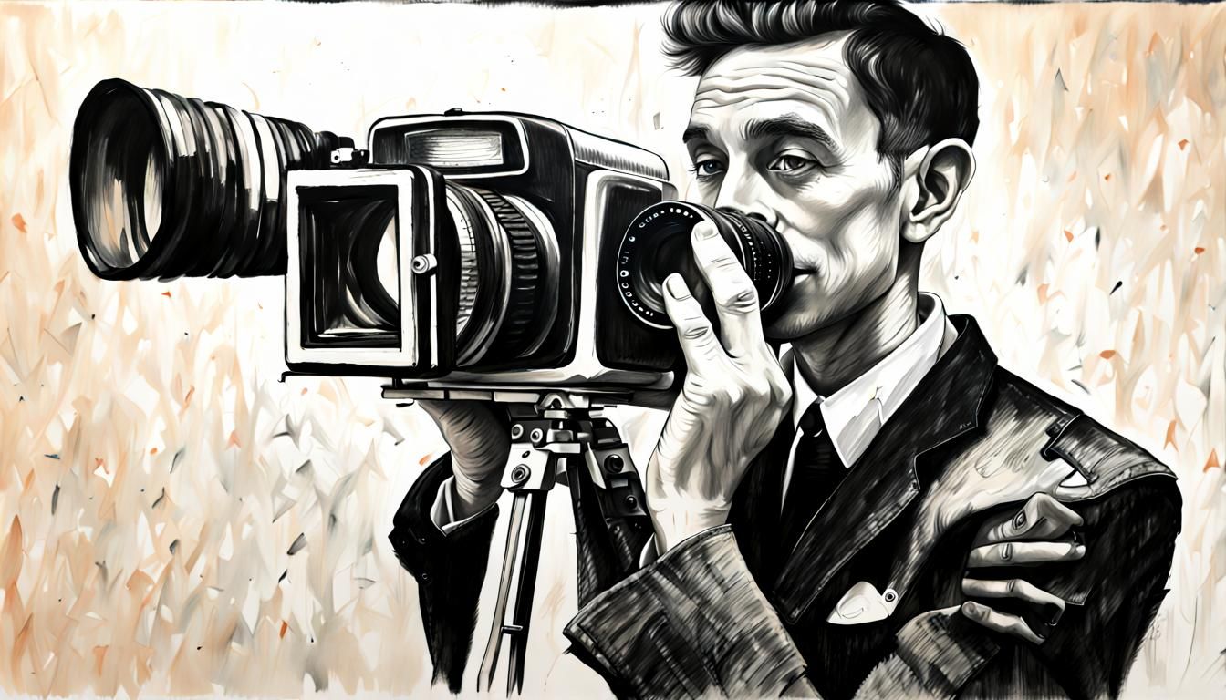 Charcoal Gentleman with Camera, Black and White Acrylic