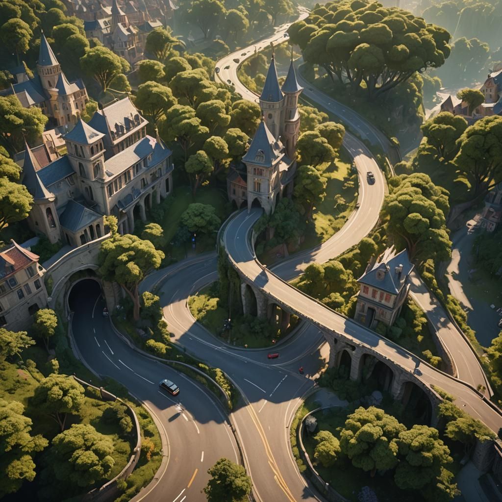 Mystical Highway Through Dreamlike Town, Concept Art