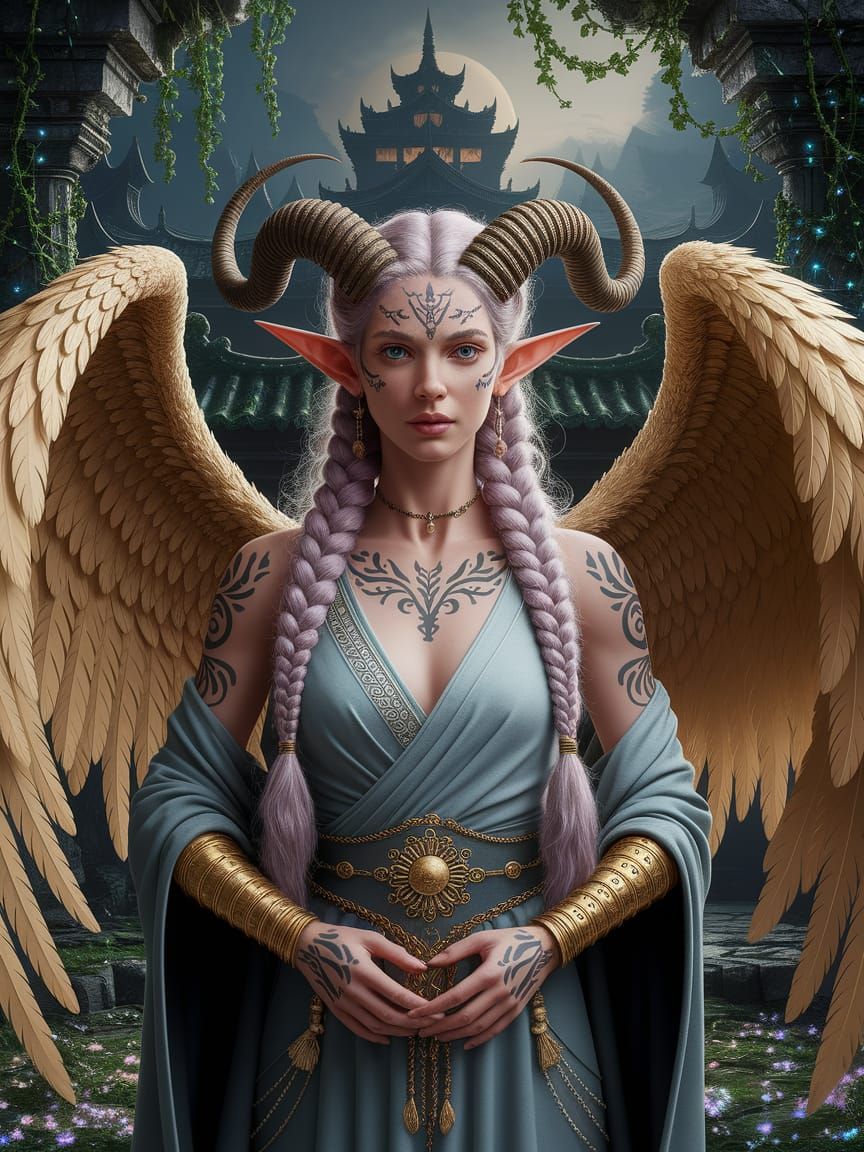 Fantasy Angel in Golden Pointillism Style