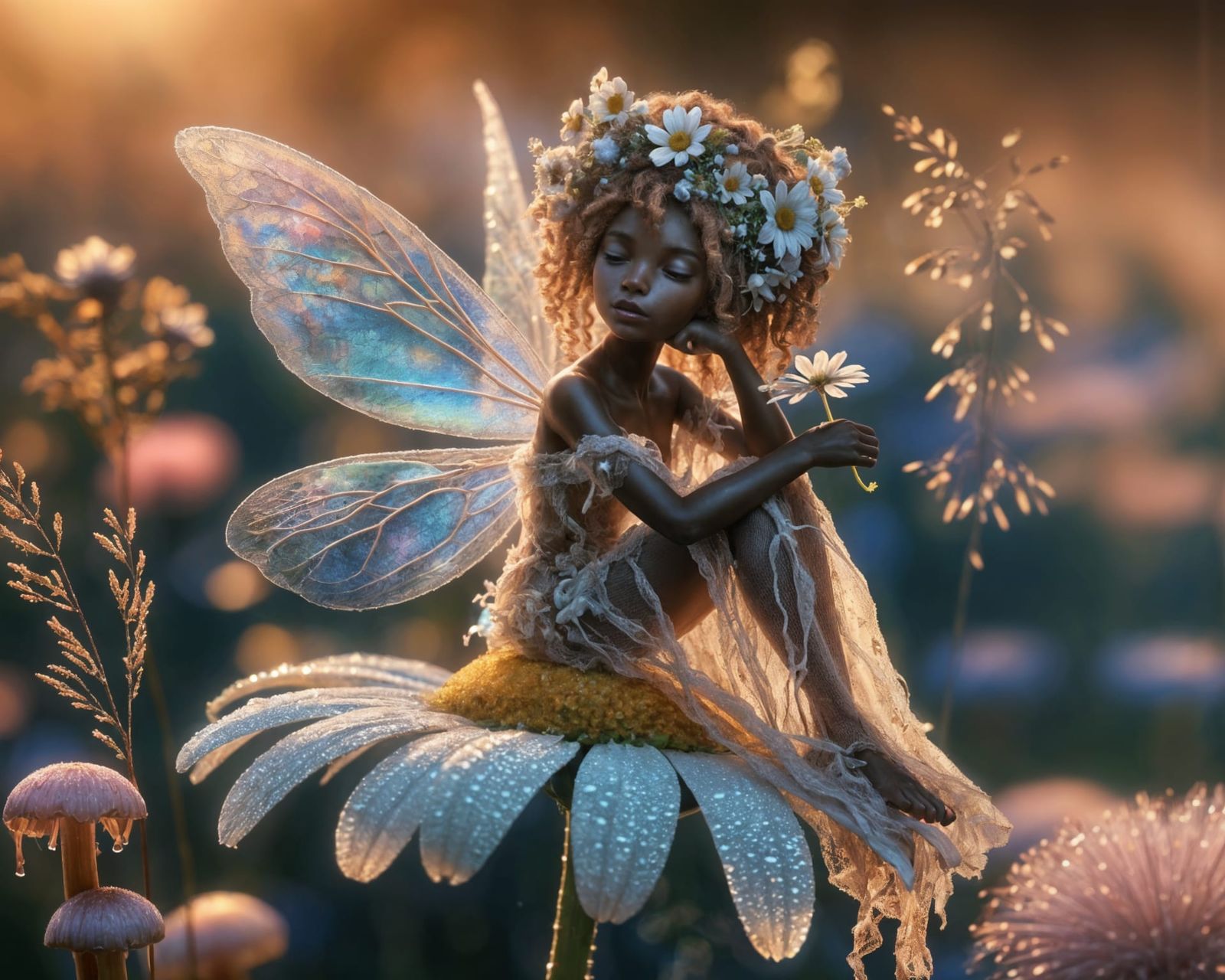 Sunrise Fairy Lounging on Daisy Petal