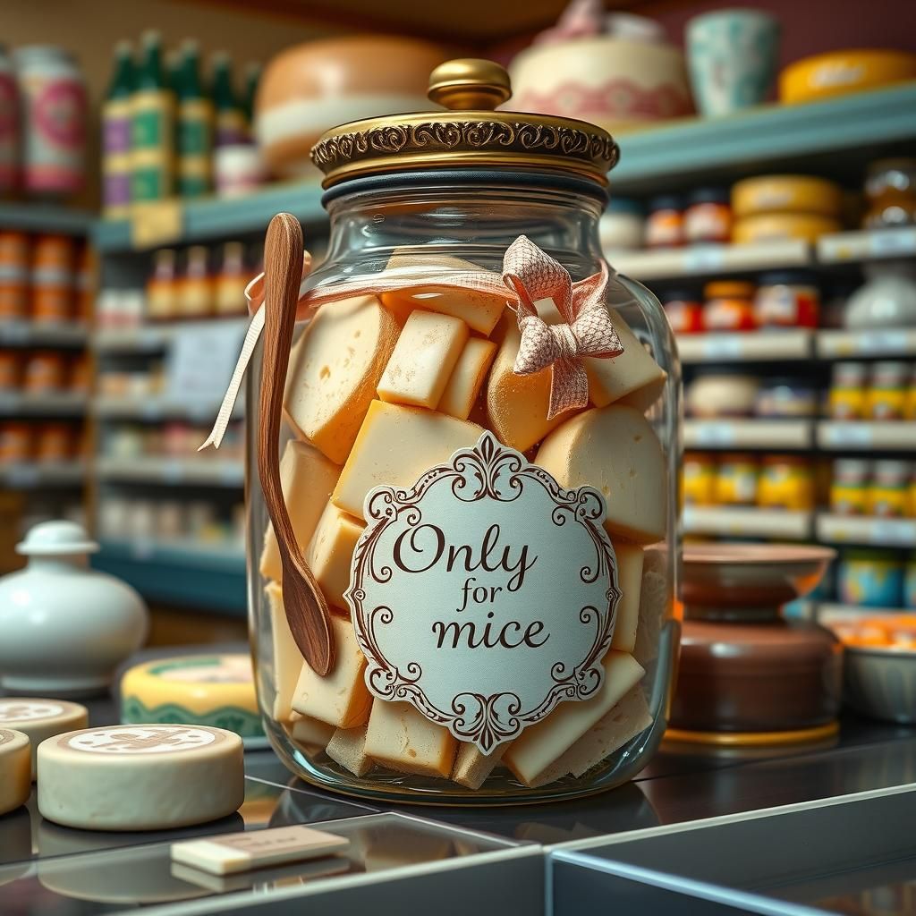 Ornate Cheese Jar for Mice: Whimsical Supermarket Scene