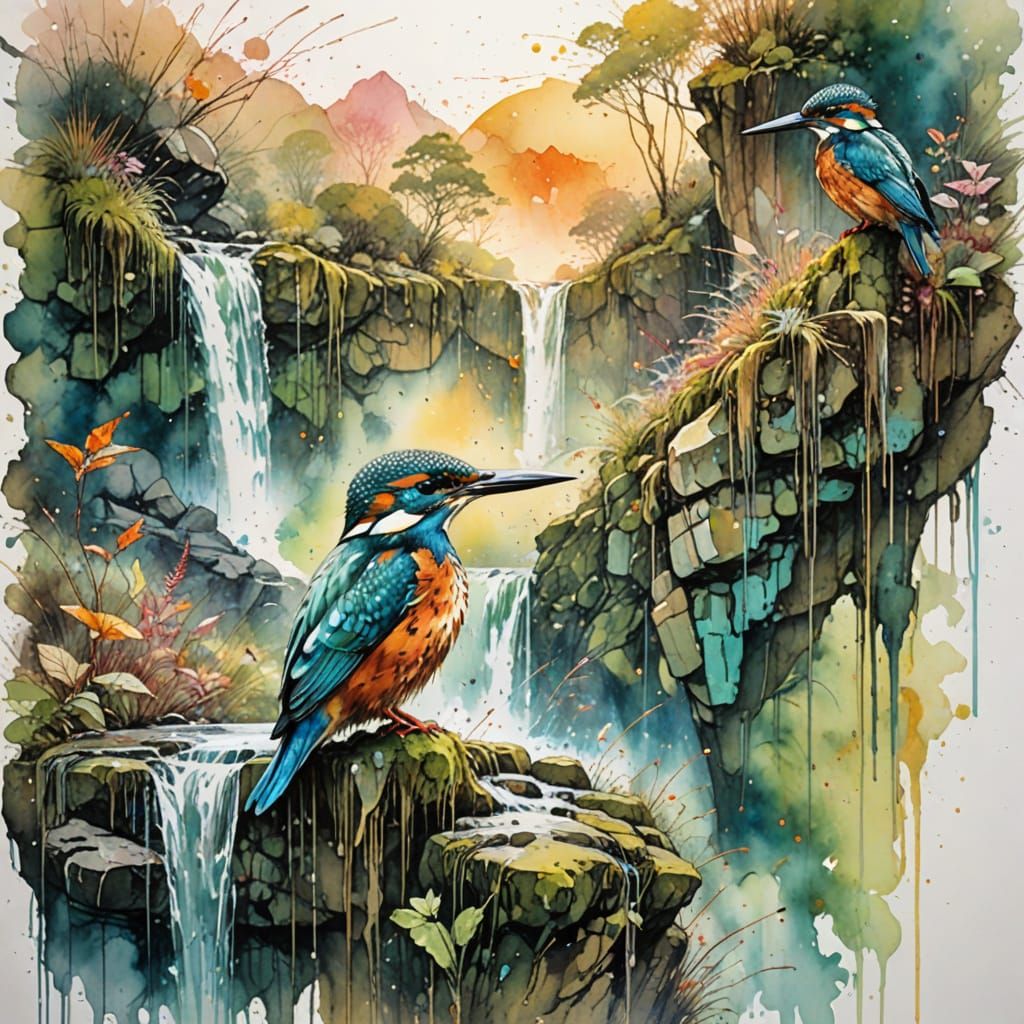 Ethereal Waterfall Radiance in Sunrise Hues with Kingfisher