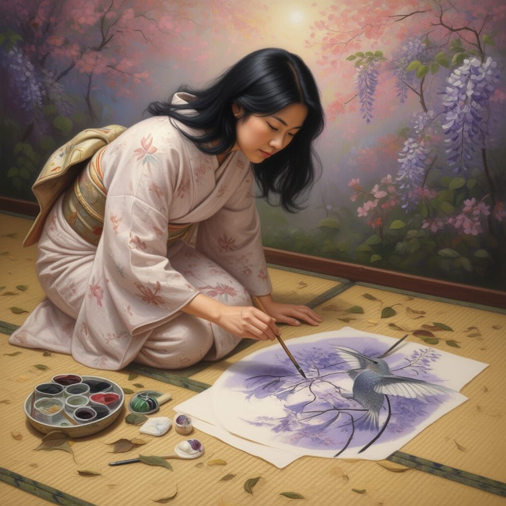Japanese Woman Paints Art on Autumn Ground and Leaves