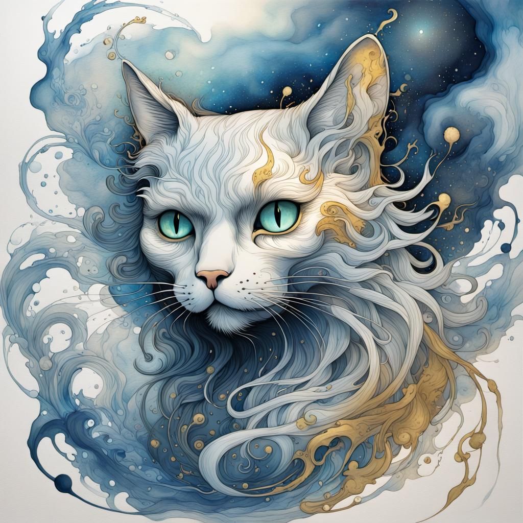 Ethereal Ghost Cat in Liquid Watercolor Style