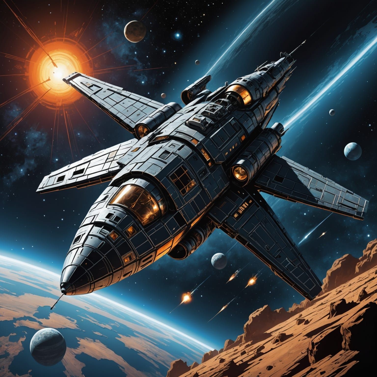 Damaged Spacecraft in Space: Comic Book Art