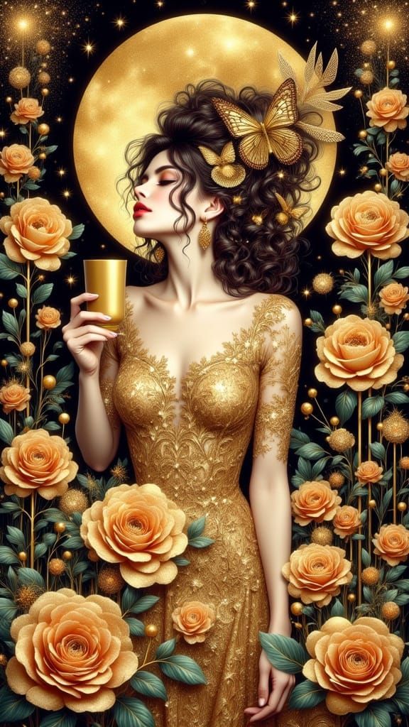 Elegant Gold Dreamscape with Whimsical Nature Elements