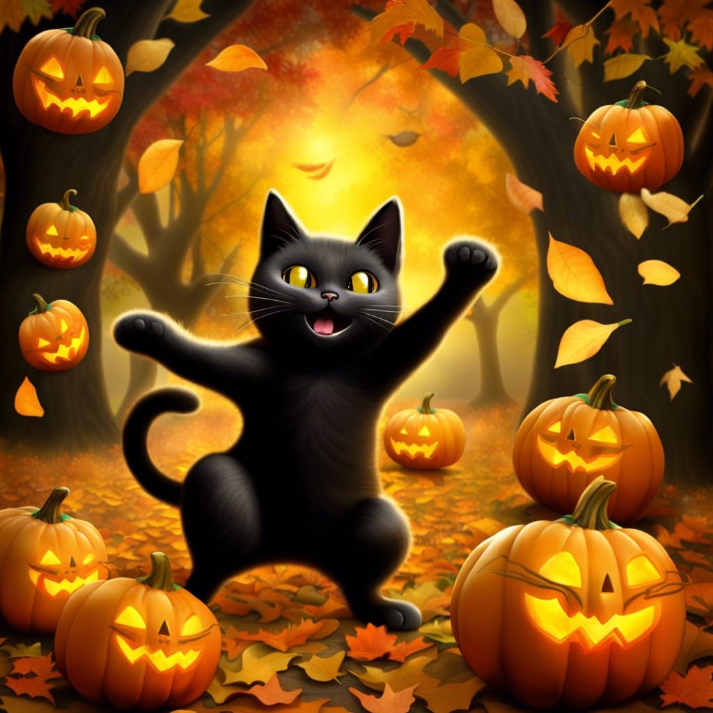 Black Cat's Halloween Dance with Ghosts