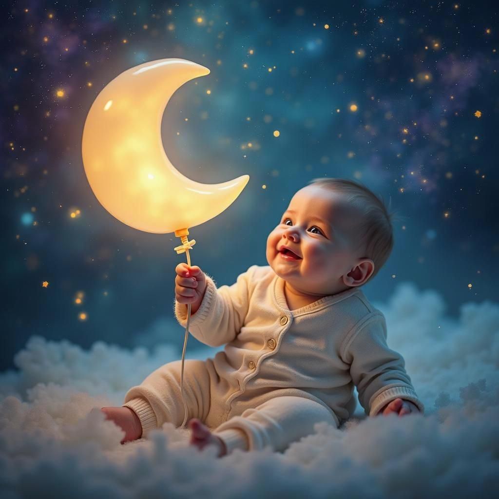 Baby Holds Moon Balloon in Sparkling Universe