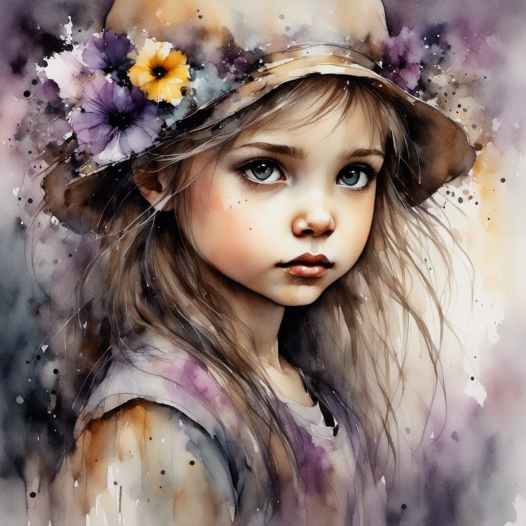 Beautiful Girl Watercolor Portrait in Ink Style