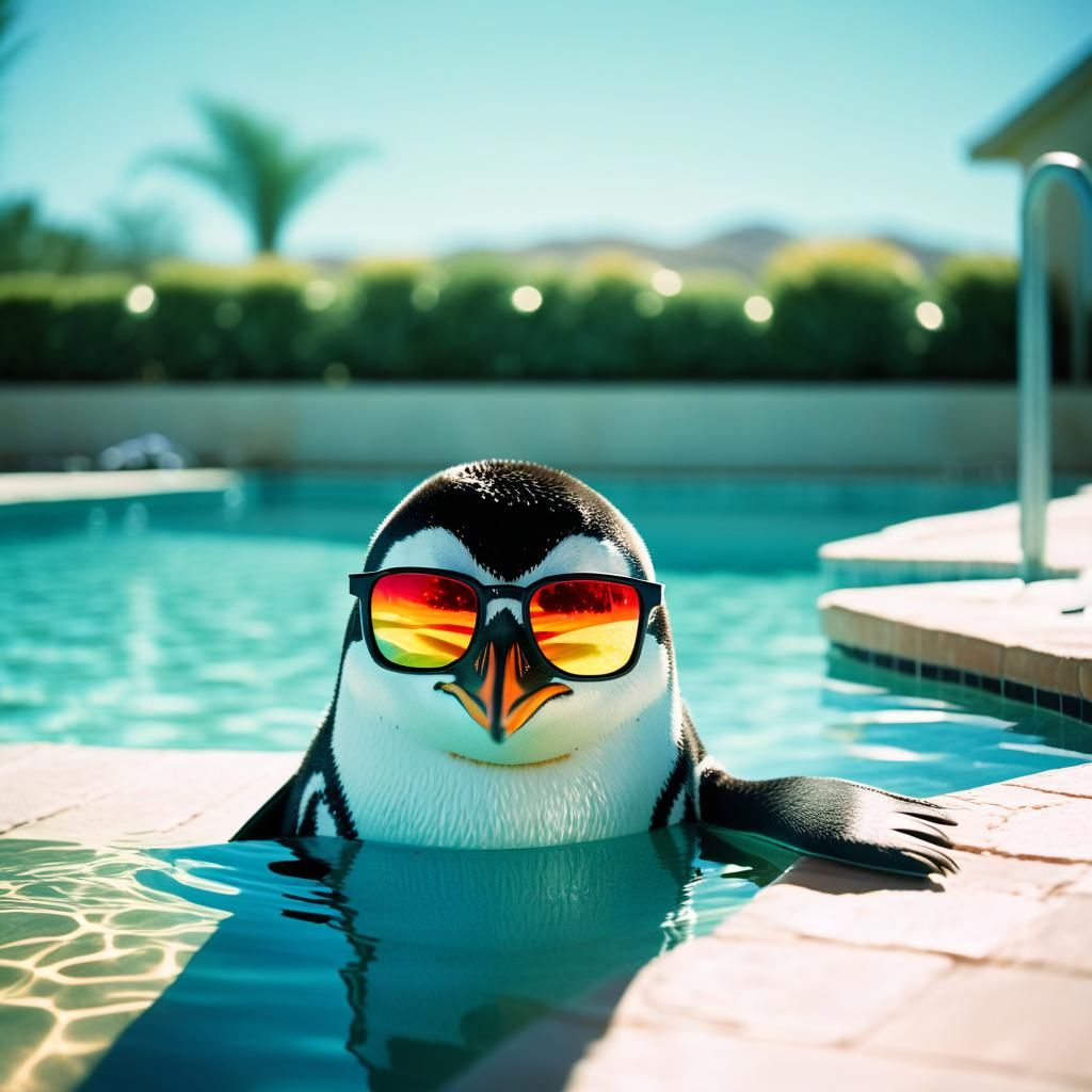 Penguin in Sunglasses: Cinematic Poolside Relaxation
