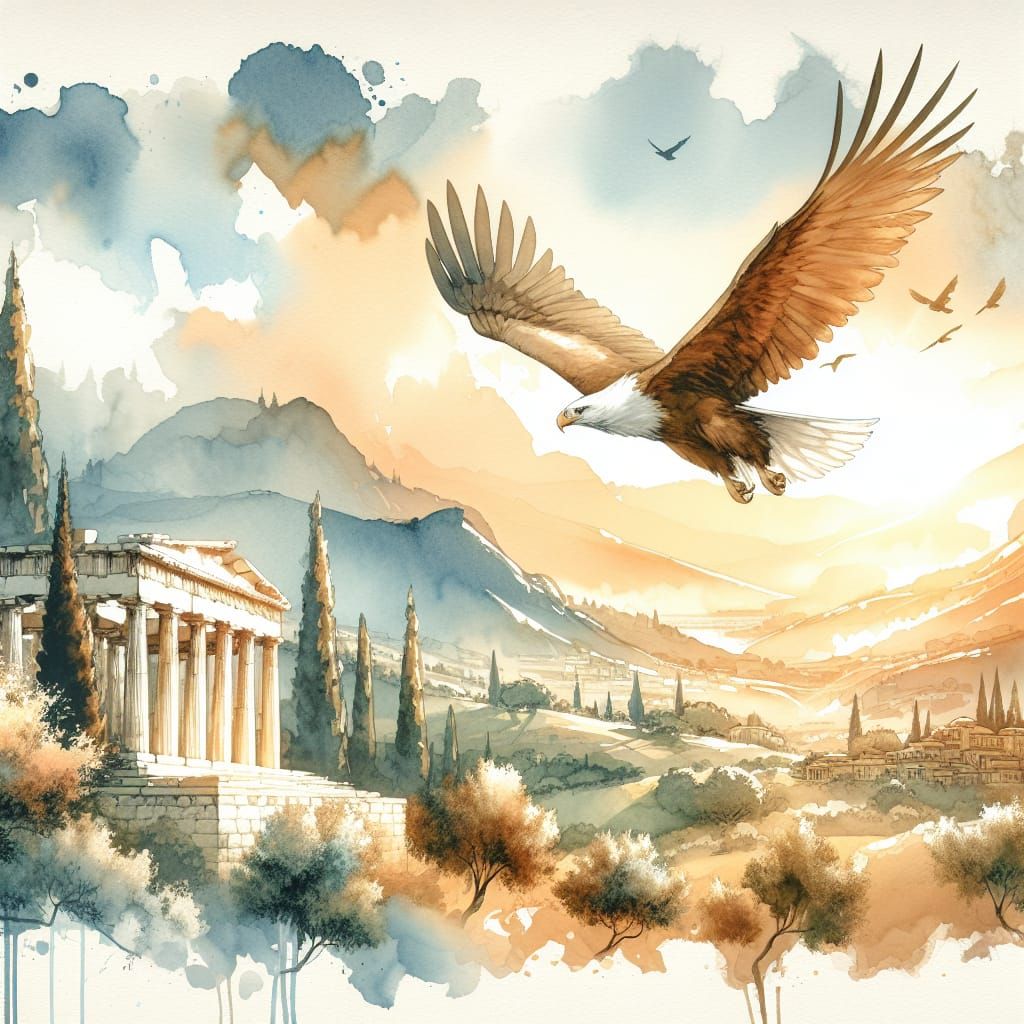 Eagle Soaring Over Ancient Greek Landscape in Watercolor