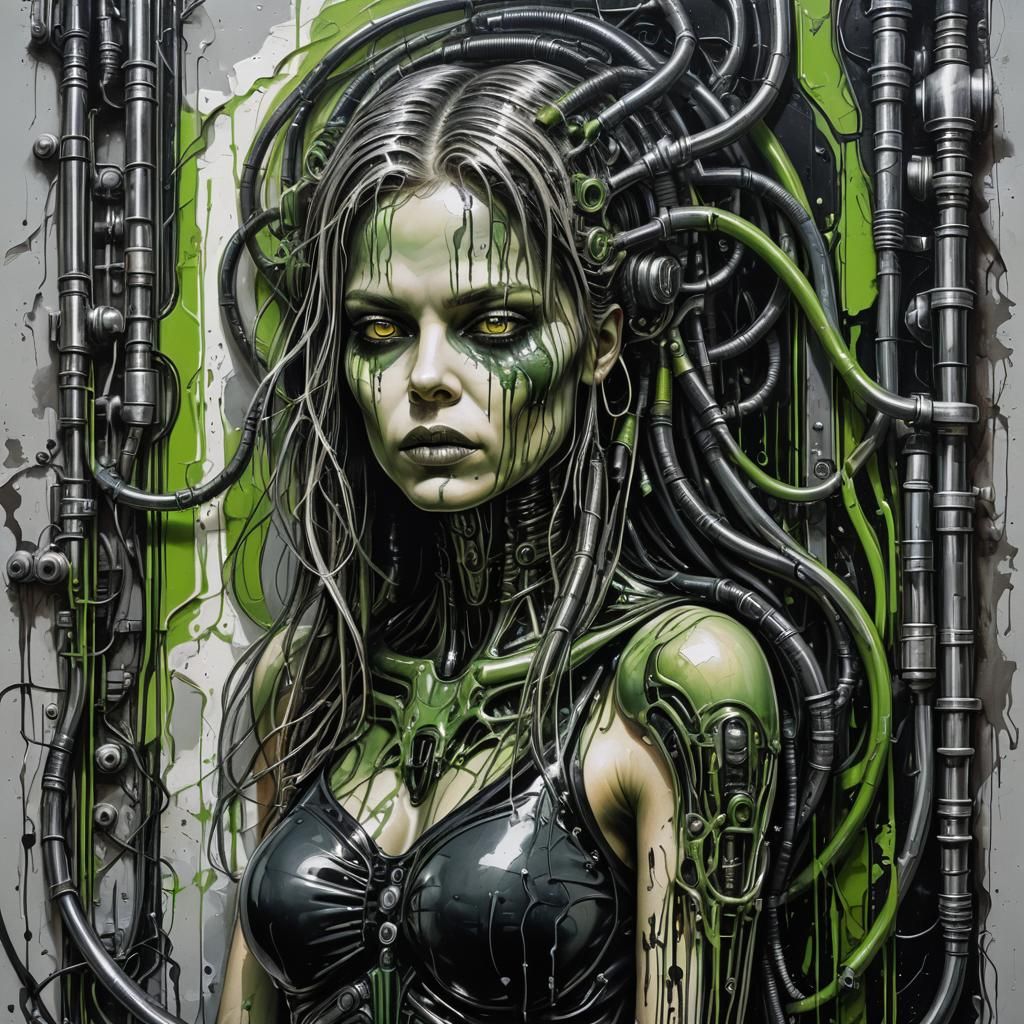 Giger-Inspired Woman Integrated with Mechanical Wall