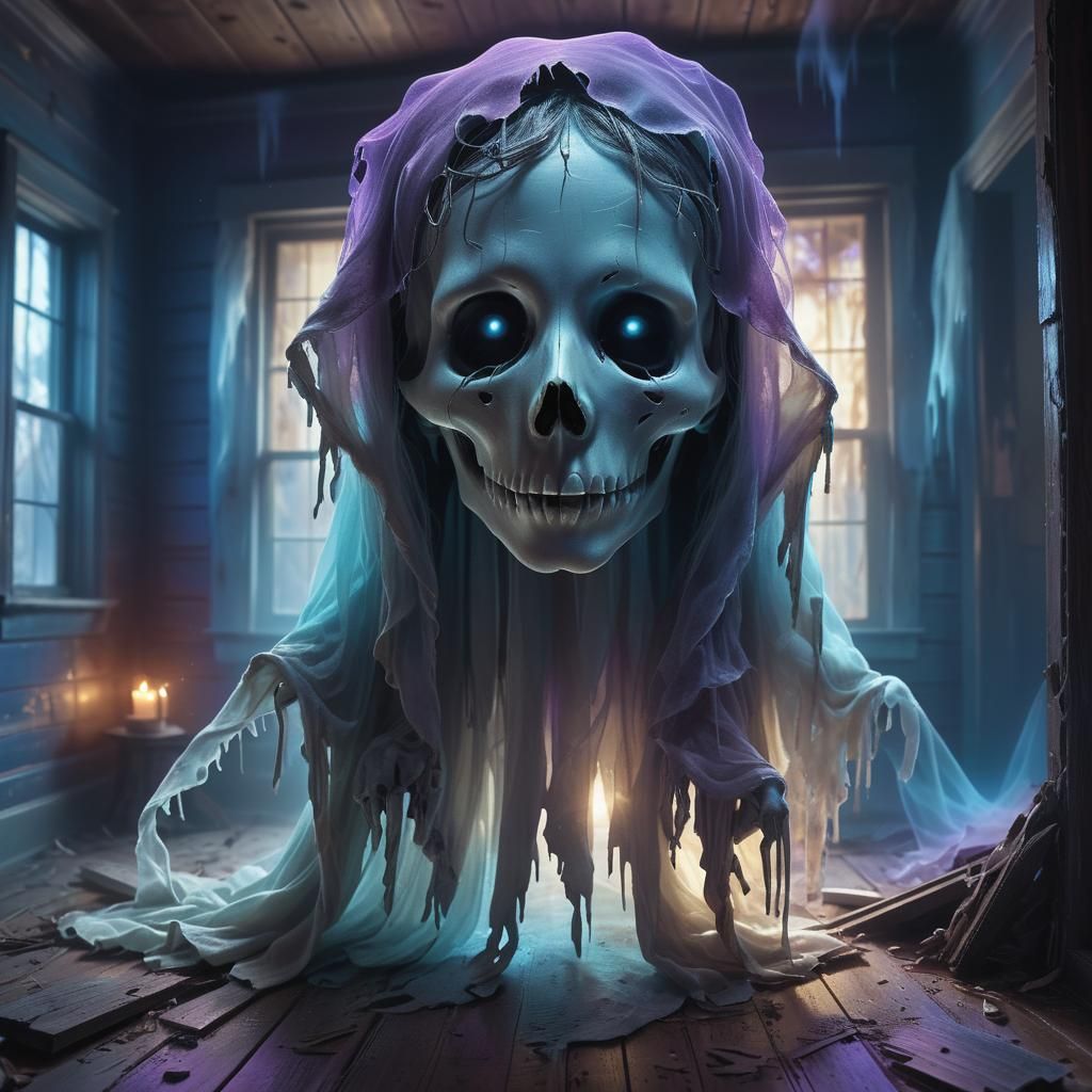 Ethereal Ghost Portrait in Haunted House, Bioluminescent Dig...