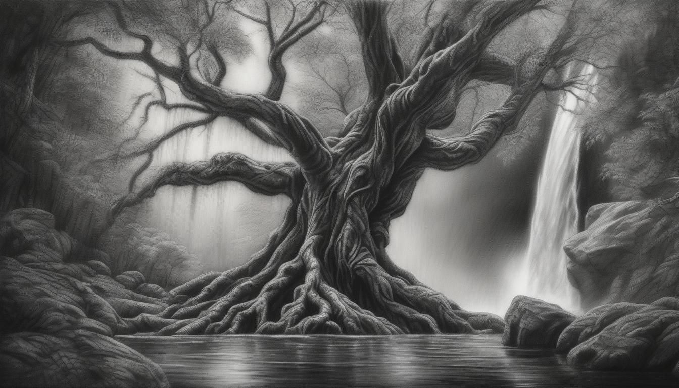 Ancient Tree and Magic Waterfall in Charcoal