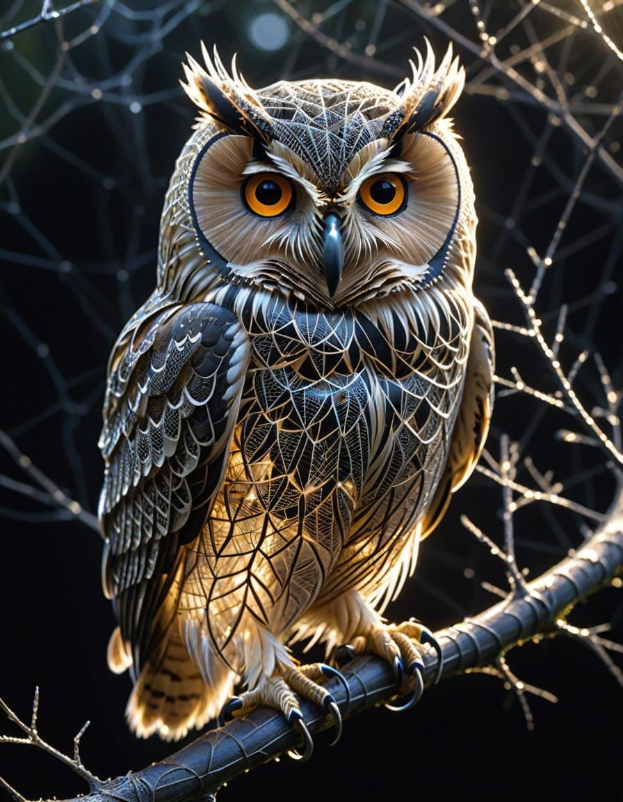 Sparkling Spider Web Owl in Dramatic Lighting