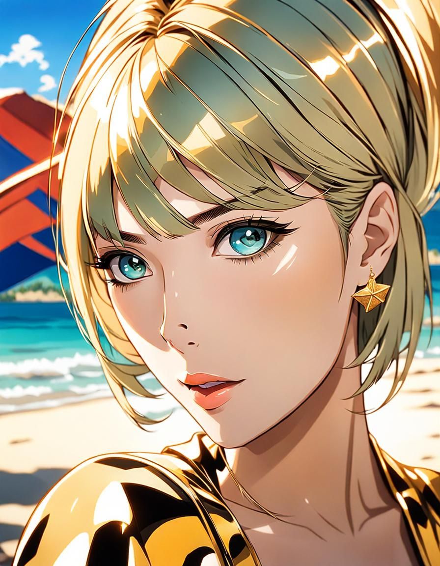 Anime Style Portrait of Woman on Beach