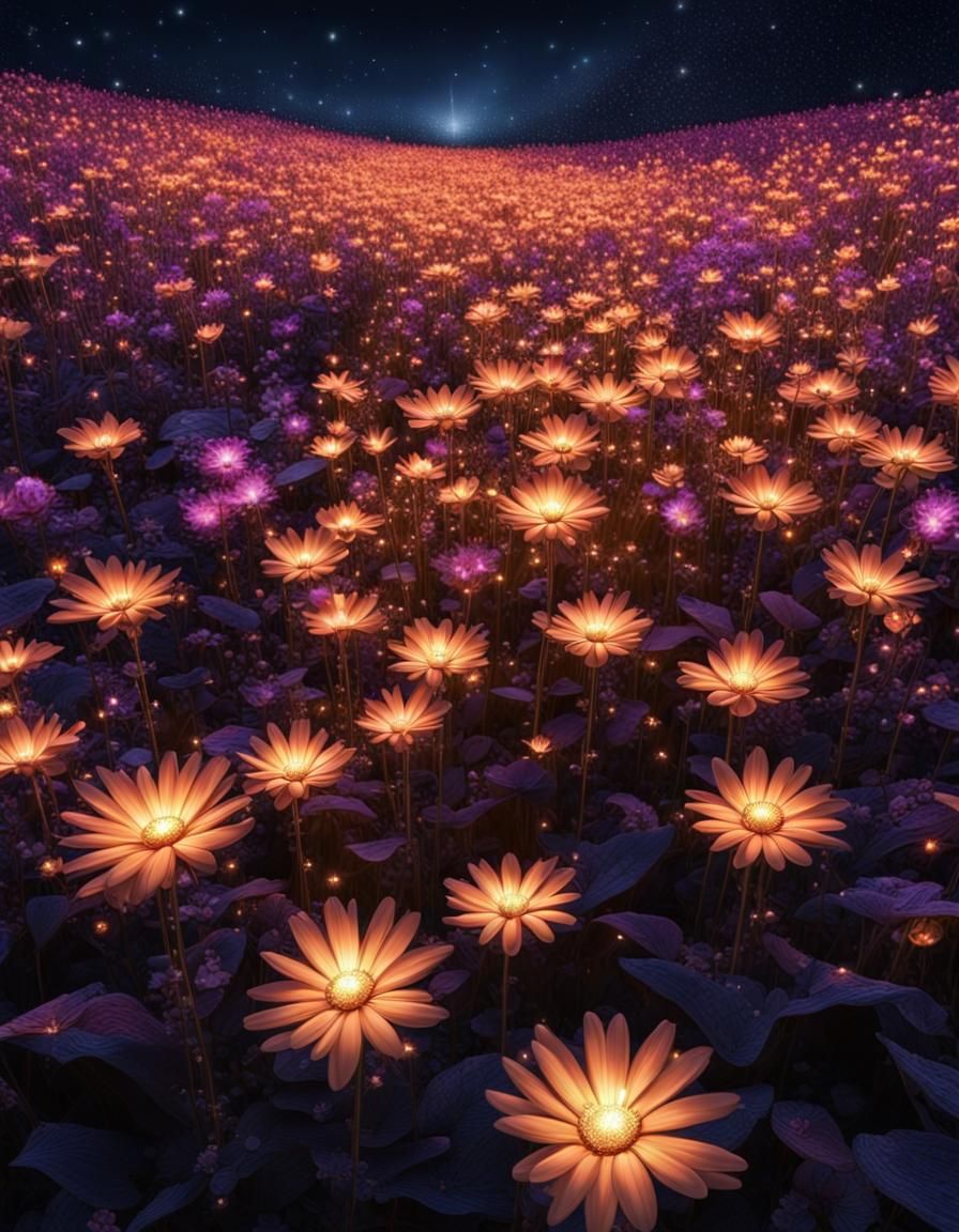 Luminous Magical Flower Field at Night