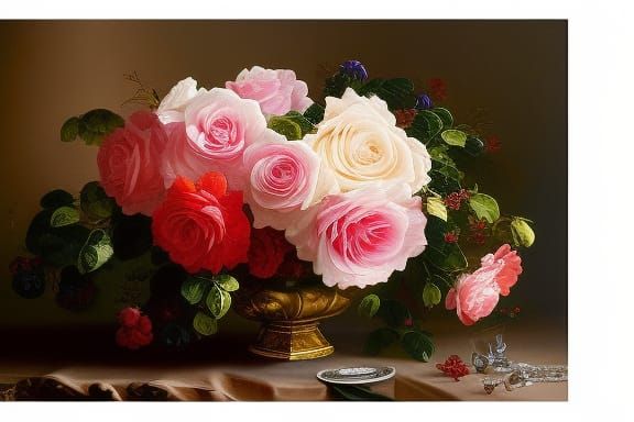 Roses in Crystal Bowl: Rococo Watercolor Fine Art