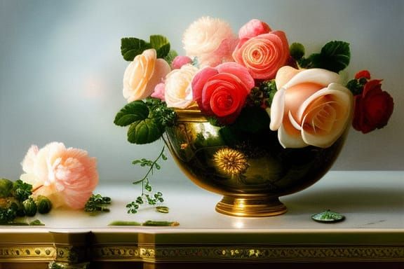 Lavish Roses in Crystal Bowl Watercolor Fine Art
