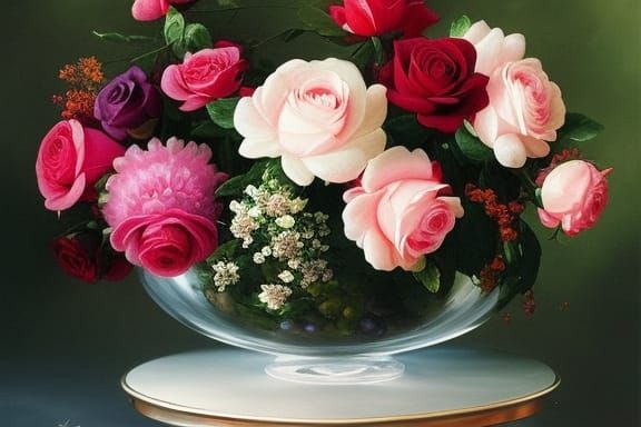 Lavish Roses in Crystal Bowl: Rococo Watercolor Art