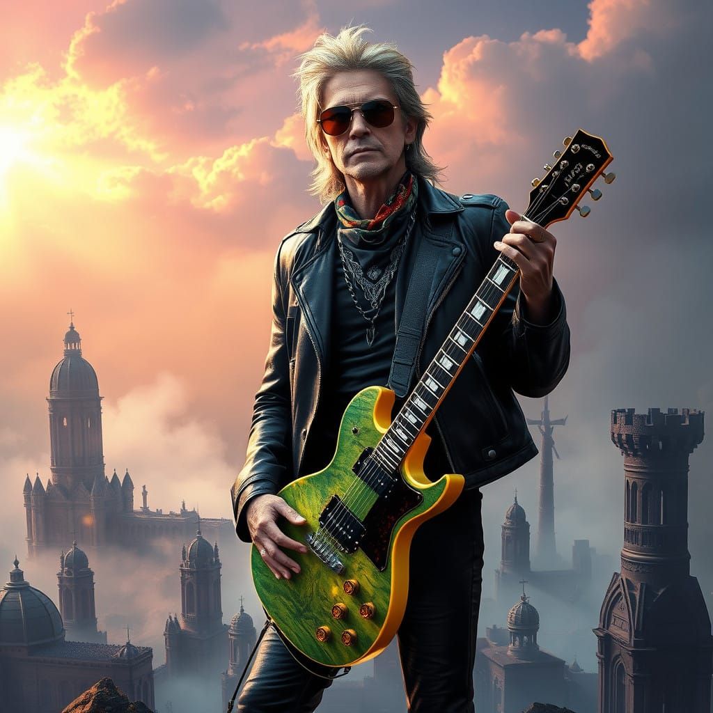 Rockstar Hero in Ancient Ruins, Epic Cyberpunk Fantasy Art