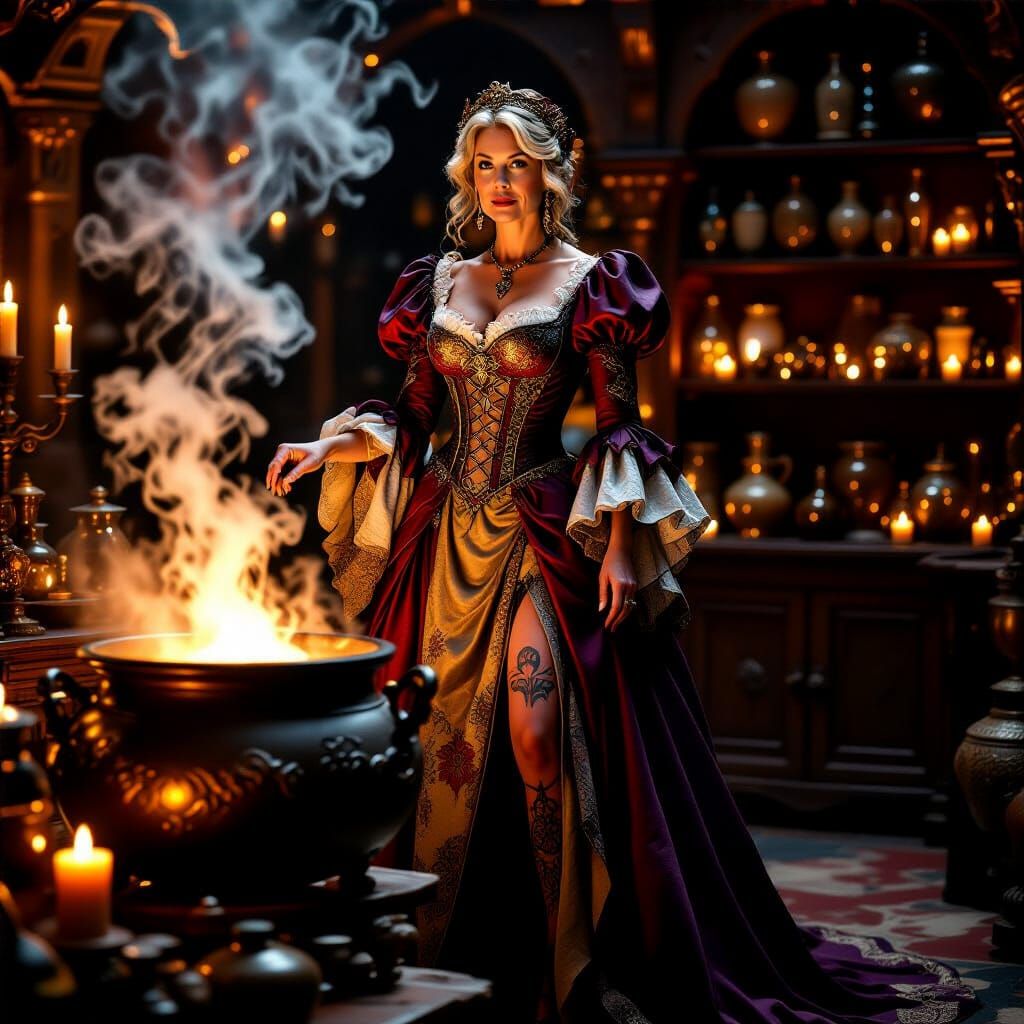 Medieval Woman in Fantasy Gown with Cauldron
