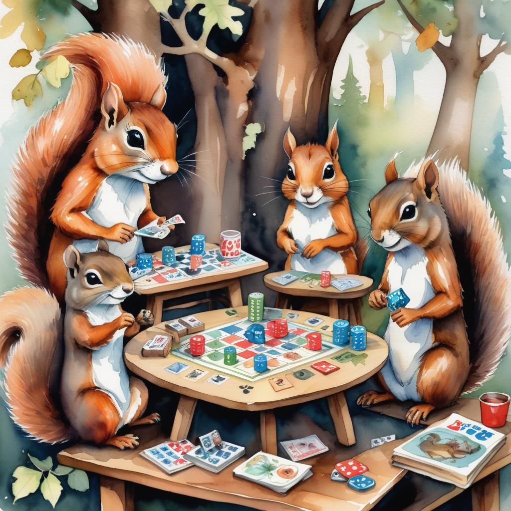 Anthropomorphic Squirrels Play Board Game in Watercolor
