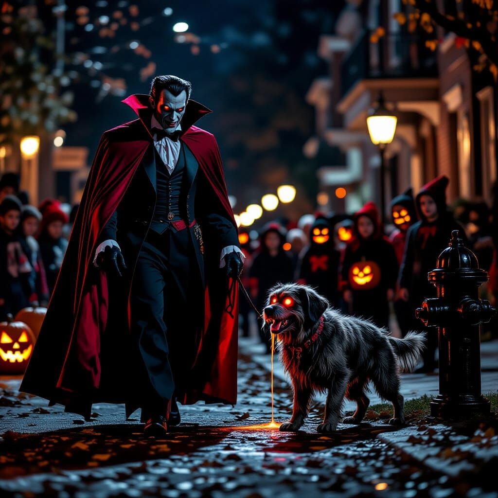Dracula Walks His Zombie Dog on Halloween Night