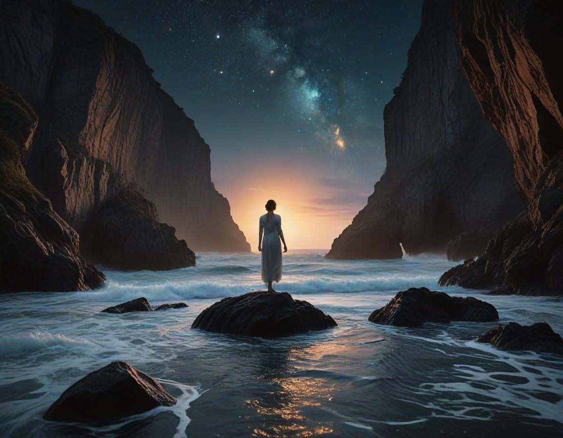 Angel Contemplates Endless Ocean Beneath Black Night Sky