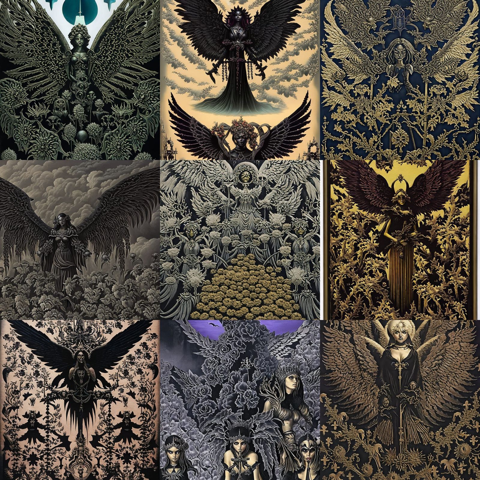 Rotting Angels with black wings. Black roses. Converted crosses. Eldritch, hyperdetailed, intricately detailed, deep col...