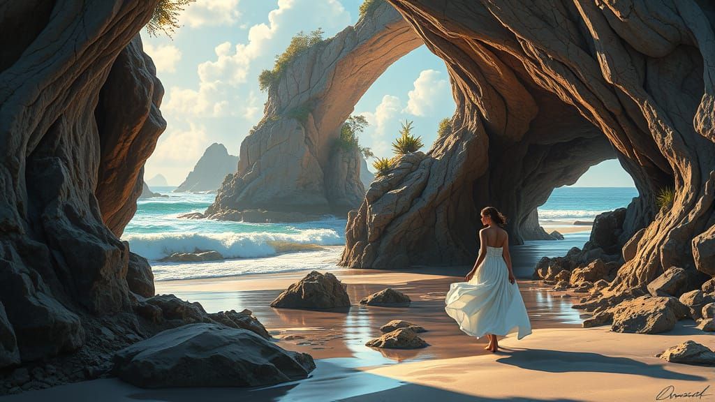 Serene Beach Walker in Retro-Futuristic Style