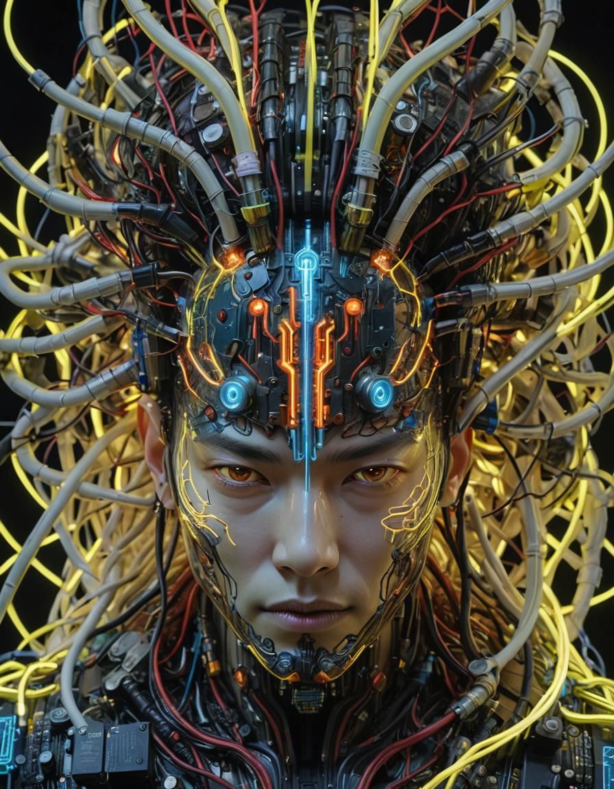 Biopunk Cyborg God King in Neon Circuits