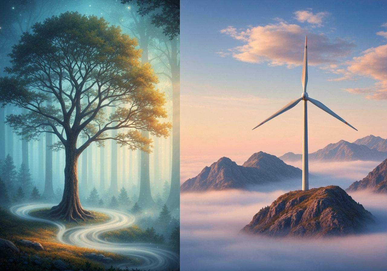 Ethereal Forest Tree Meets Mountain Wind Turbine