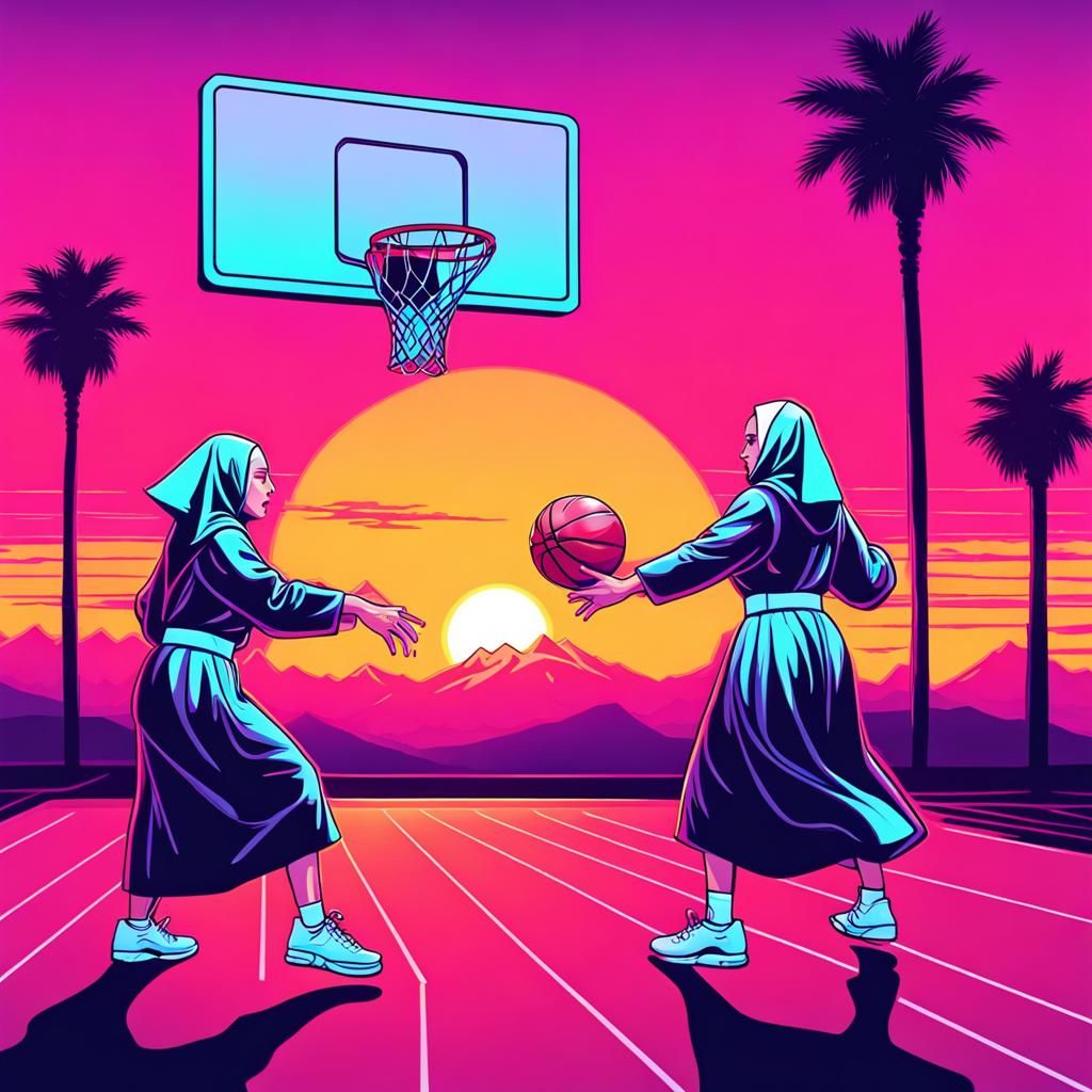 Nuns Play Basketball at Sunset in Synthwave Style