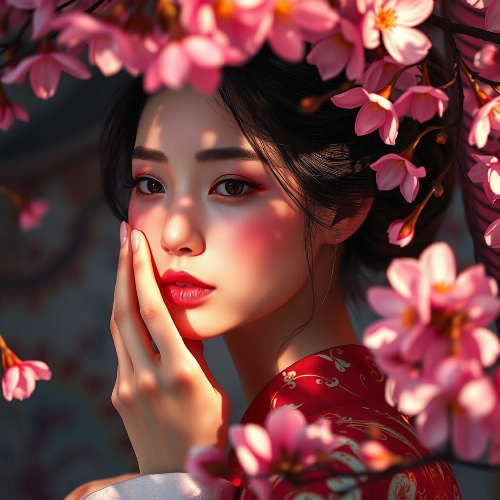 Serene Japanese Goddess Among Cherry Blossoms in Hyperrealis...