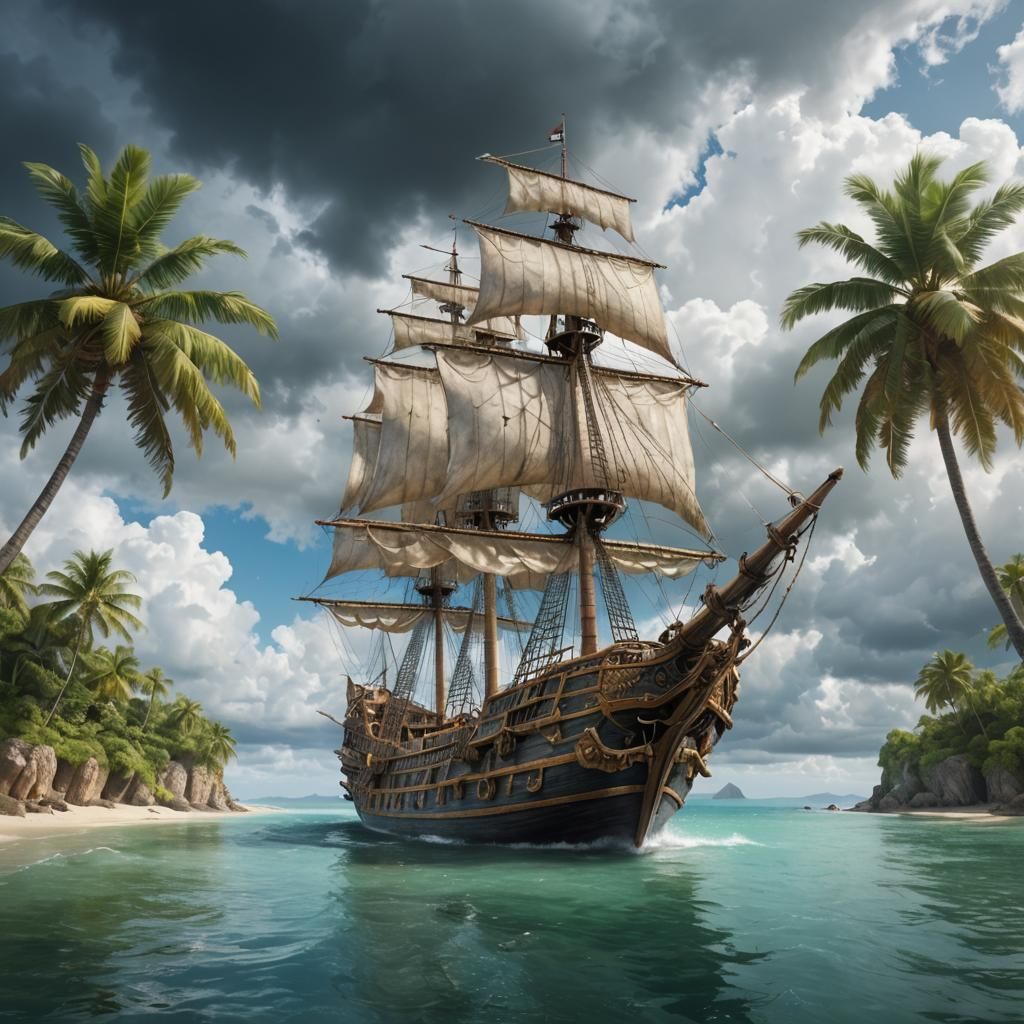 Pirate Ship Arrives at Exotic Island: Photorealistic Paintin...