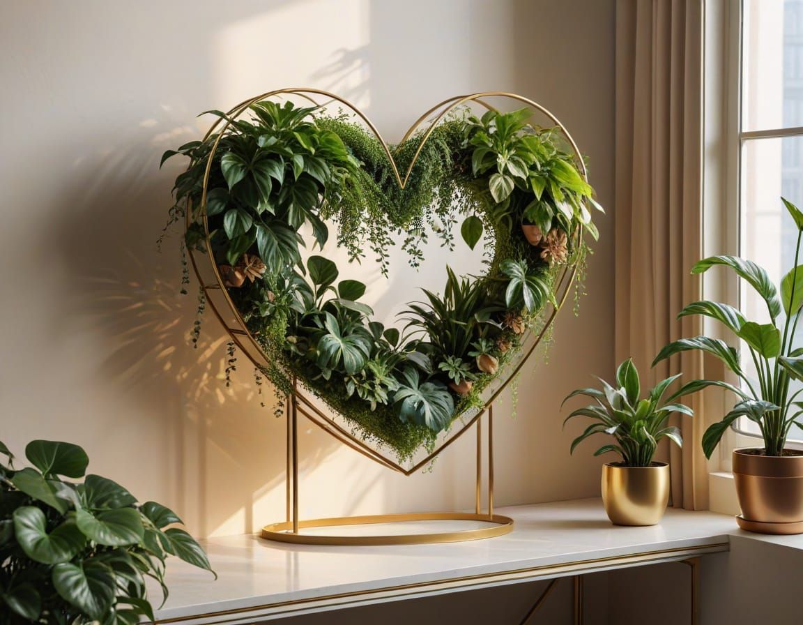 Surreal Art Nouveau Shelf Filled with Greenery and Golden Ho...