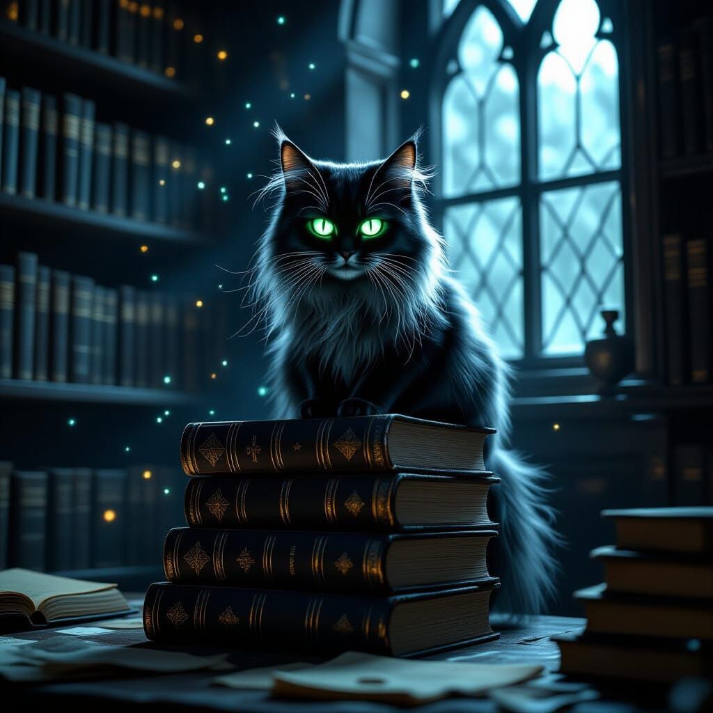 Spectral Cat on Books in Dusty Library