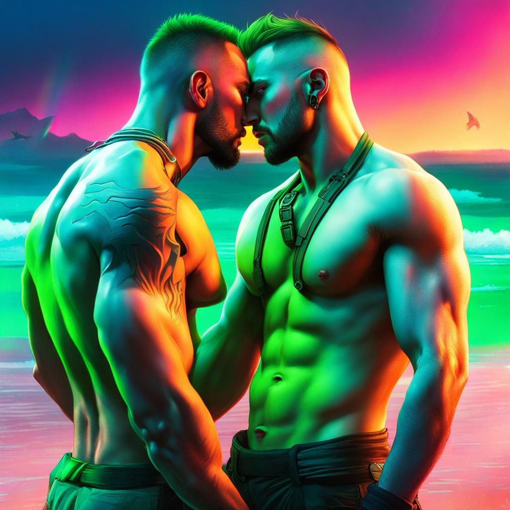 Shirtless Men Kissing on Beach in Cyberpunk Style
