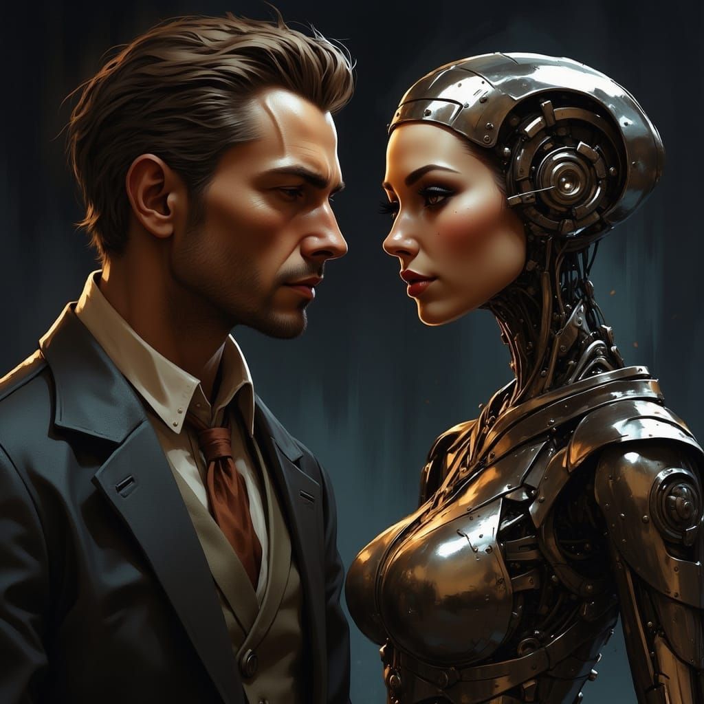 Vintage Man Meets Android in Hyper-Realistic Sci-Fi Portrait